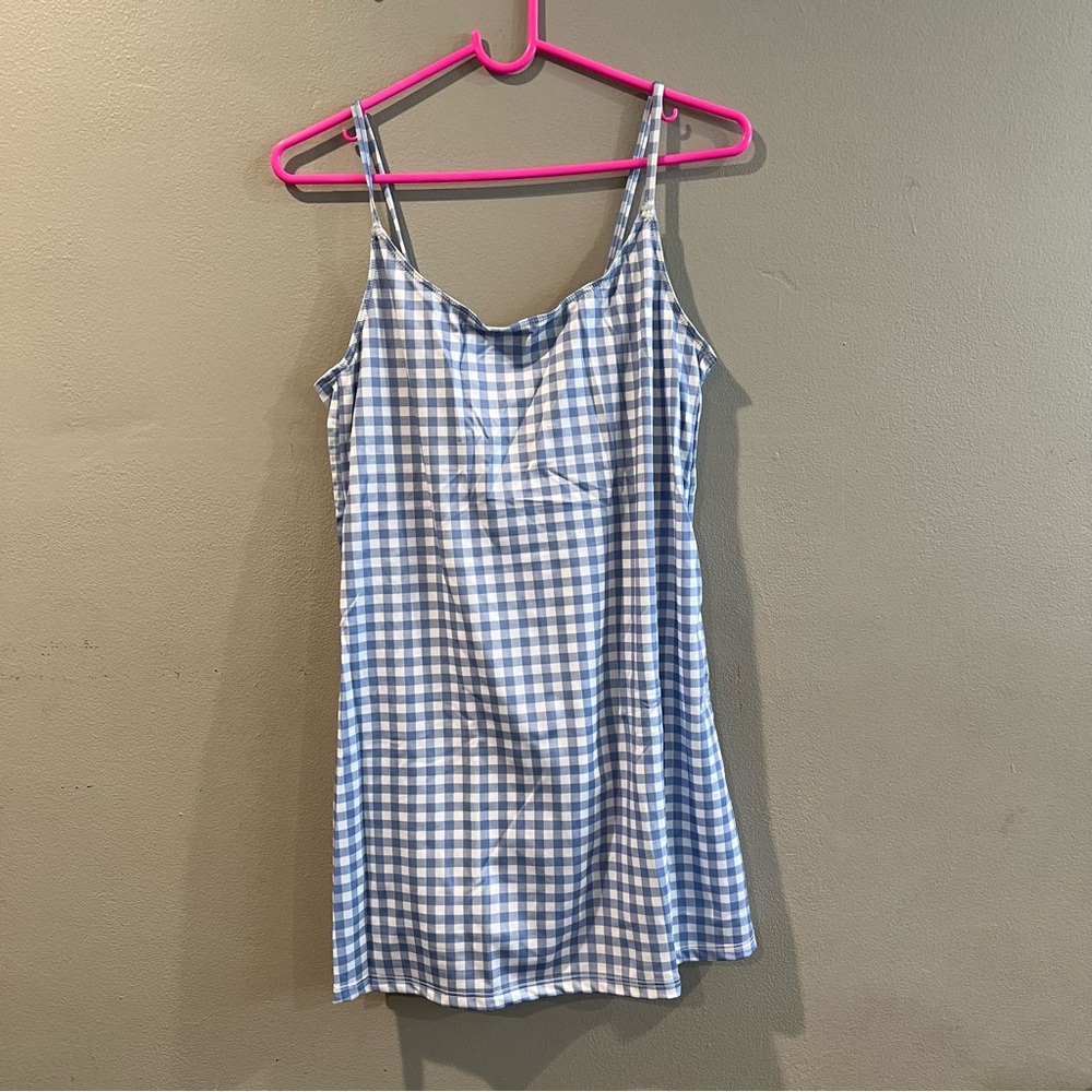 Onzie Tennis Dress Built In Shorts Light Blue White Gingham Check Golf Plaid M